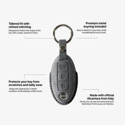 Alcantara Car Key Fob Cover for Nissan Model B with Buckle - Space Grey